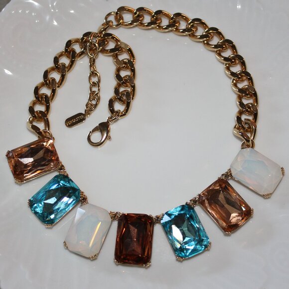 Stunning Collar Bib Doncaster Color Block Faceted Glass Crystal Necklace - Picture 2 of 15